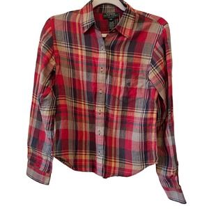 Vintage Lauren Ralph Lauren XSp Plaid Linen Roll Tab Button Up Shirt Old Money